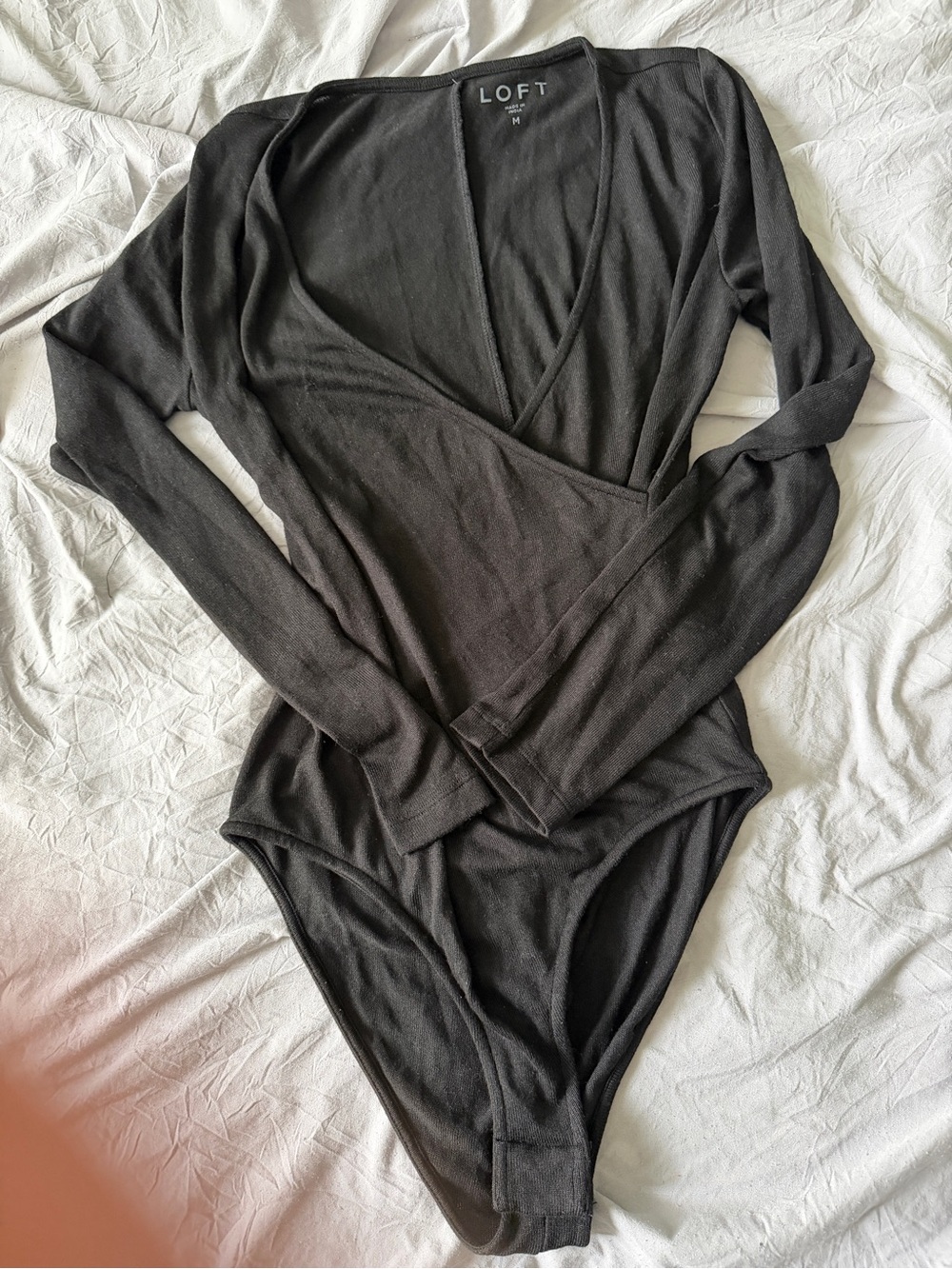 LOFT Black Long Sleeve Wrap Bodysuit Size M